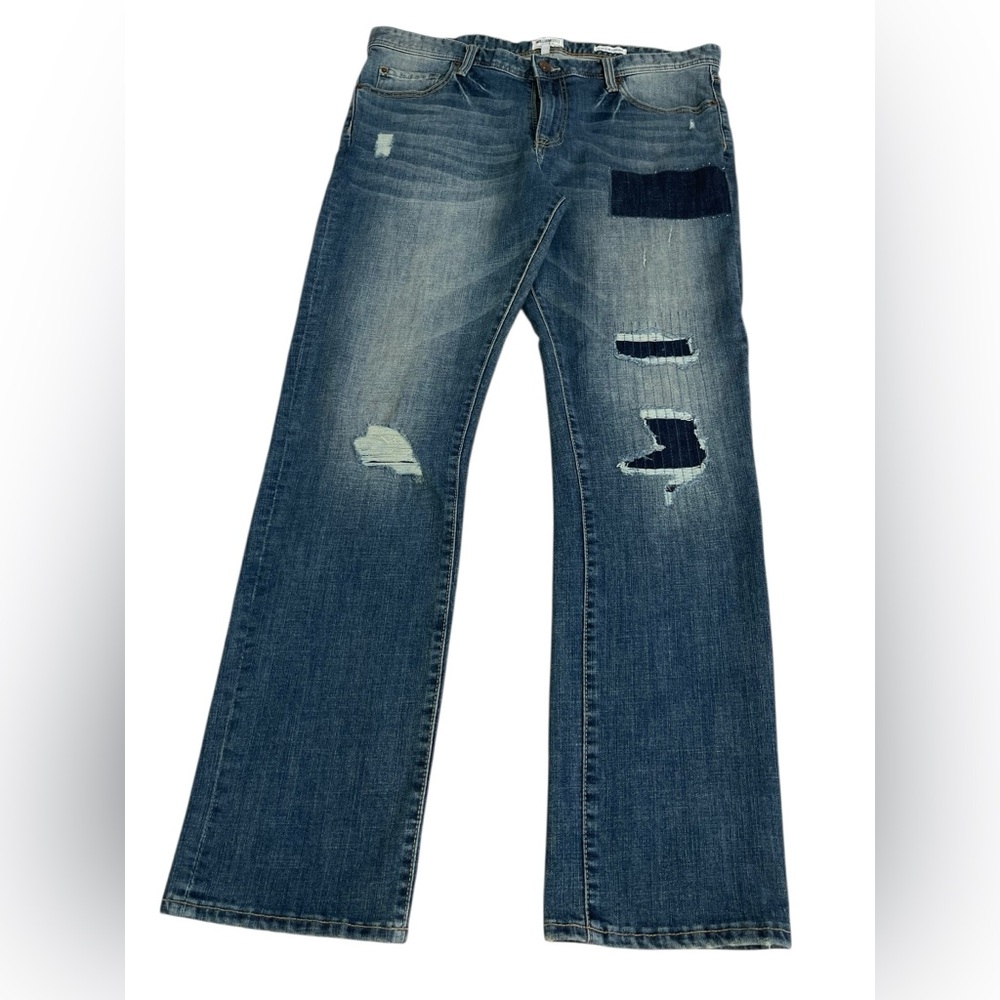 Mens William Rast Dean Slim Straight Jeans 36x32 Distressed Patchwork Denim